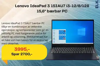 Elkjøp Lenovo IdeaPad 3 15IAU7 i3-12/8/128 15,6" bærbar PC tilbud