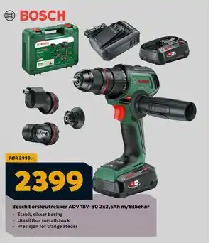 Megaflis Bosch borskrutrekker ADV 18V-80 2x2,5Ah m/tilbehør tilbud