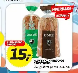 Bunnpris KLØVER KORNBRØD OG GROVT BRØD tilbud