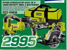 Coop Byggmix RYOBI R18DDJSCSP-242S 18 V VERKTØYSETT MED 2 BATTERIER tilbud