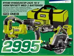 Coop Byggmix RYOBI R18DDJSCSP-242S 18 V VERKTØYSETT MED 2 BATTERIER tilbud