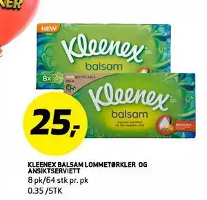 Bunnpris KLEENEX BALSAM LOMMETl'IJRKLER OG ANSIKTSERVIETT tilbud