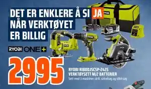 Obs Bygg RYOBI R18DDJSCSP-242S VERKTØYSETT M/2 tilbud