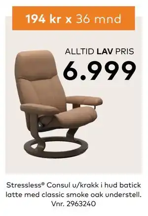 Skeidar Stressless Consul u/krakk i hud batick latte med classic smoke oak understell tilbud