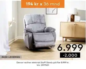 Skeidar Denver recliner elektrisk Stoff Slowly grå tilbud