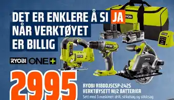 Coop Obs Ryobi r18ddjscsp-2425 verktøysett m/2 batterier sett med 3 maskiner: drill, sirkelsag og stikksag tilbud