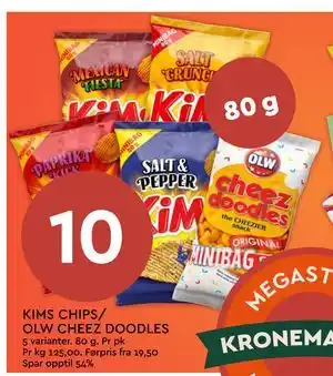 Coop Mega KIMS CHIPS/ OLW CHEEZ DOODLES tilbud