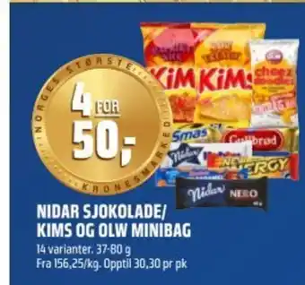 Coop Obs Nidar sjokolade/ kims og olw minibag tilbud