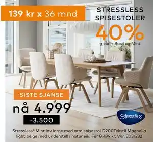 Skeidar Stressless Mint lav large med arm spisestol tilbud