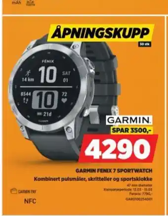 POWER GARMIN FENIX 7 SPORTWATCH Kombinert pulsmåler, skritteller og sportsklokke tilbud