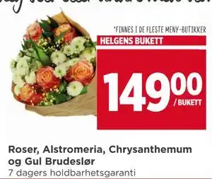 Meny Roser, Alstromeria, Chrysanthemum og Gul Brudeslør tilbud