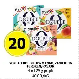 Bunnpris YOPLAIT DOUBLE 0% MANGO, VANILJE OG FERSKEN/PASJON tilbud