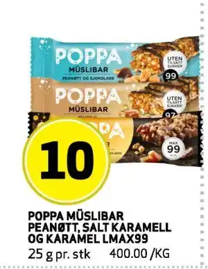 Bunnpris POPPA MÜSLIBAR PEANØTT, SALT KARAMELL OG KARAMEL LMAX99 tilbud