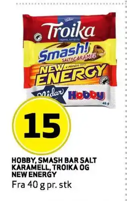 Bunnpris Hobby, Smash Bar Salt Karamell, Troika og New Energy tilbud