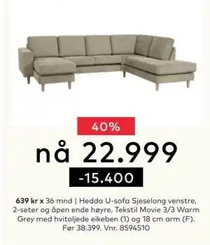 Skeidar Hedda U-sofa tilbud