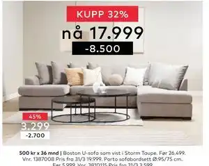 Skeidar Boston U-sofa tilbud