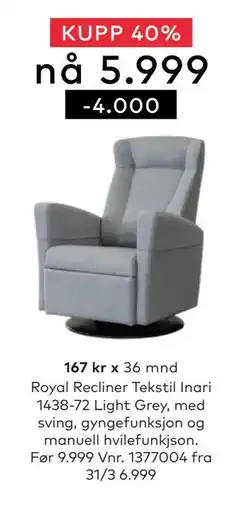 Skeidar Royal Recliner Tekstil Inari 1438-72 Light Grey tilbud