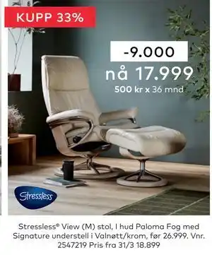 Skeidar Stressless View (M) stol tilbud