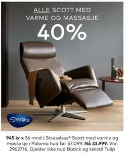 Skeidar Stressless Scott med varme og massasje i Paloma hud tilbud