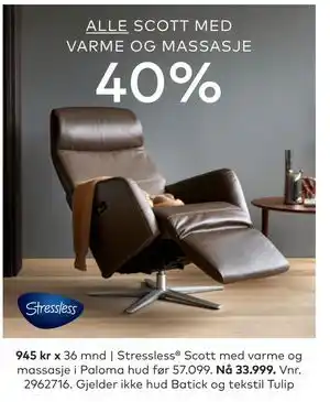 Skeidar Stressless Scott med varme og massasje i Paloma hud tilbud