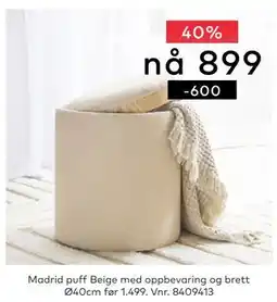 Skeidar Madrid puff Beige med oppbevaring og brett Ø40cm tilbud