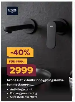 Megaflis Grohe Get 2-hulls innbygningsarmatur matt sort tilbud