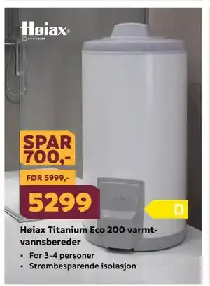 Megaflis Høiax Titanium Eco 200 varmtvannsbereder tilbud