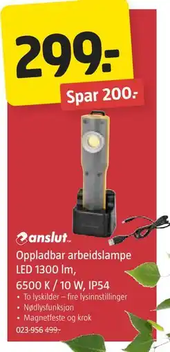 Jula Oppladbar arbeidslampe LED 1300 lm, 6500 K / 10 W, IP54 tilbud