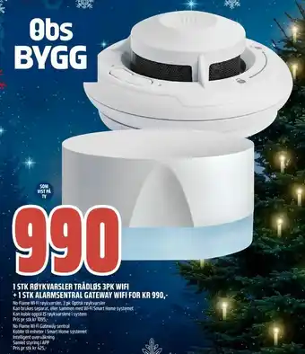 1 stk røykvarsler trådløs 3pk wifi + 1 stk alarmsentral gateway wifi for kr 990,00