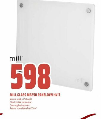 Obs Bygg Mill glass mb250 panelovn hvit tilbud