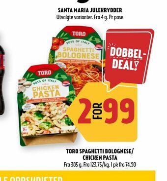 Coop Prix Toro spaghetti bolognese/ chicken pasta tilbud