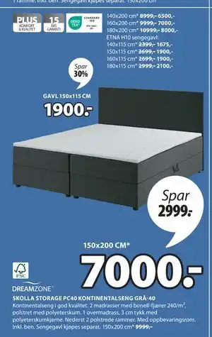 JYSK SKOLLA STORAGE PC40 KONTINENTALSENG GRÅ-40 tilbud