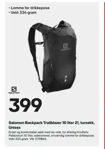 XXL Sport Salomon Backpack Trailblazer 10 liter 21, tursekk, Unisex tilbud