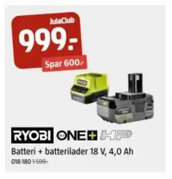 Jula RYOBI ONE + Batteri + batterilader 18 v, 4,0 ah tilbud