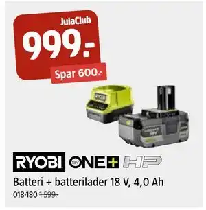 Jula Batteri + batterilader 18 V, 4,0 Ah tilbud