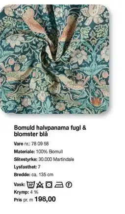 Stoff & Stil Bomuld halvpanama fugl & blomster blå tilbud