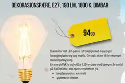 Biltema Dekorasjonspære, e27, 190 lm, 1800 k, dimbar tilbud