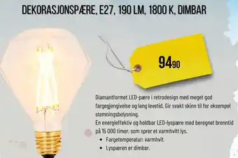 Biltema Dekorasjonspære, e27, 190 lm, 1800 k, dimbar tilbud