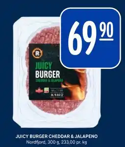 Rema 1000 JUICY BURGER CHEDDAR & JALAPENO tilbud