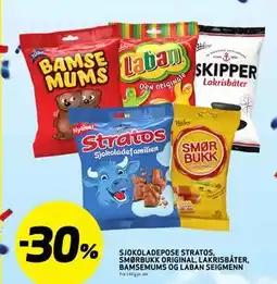 Bunnpris SJOKOLADEPOSE STRATOS, SMØRBUKK ORIGINAL, LAKRISBATER, BAMSEMUMS OG LABAN SEIGMENN tilbud