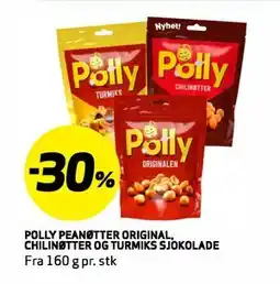 Bunnpris POLLY PEANØTTER ORIGINAL, CHILINØTTER OG TURMIKS SJOKOLADE tilbud