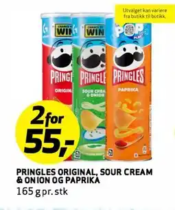 Bunnpris PRINGLES ORIGINAL, SOUR CREAM & ONION OG PAPRIKA tilbud
