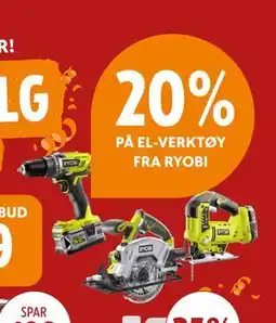 Byggmakker 20% PÅ EL-VERKTØY FRA RYOBI tilbud