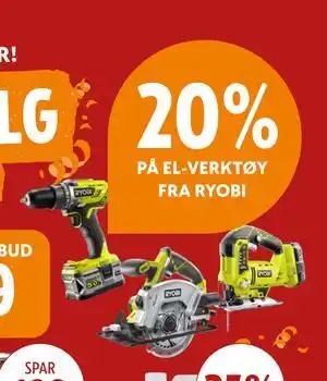 Byggmakker 20% PÅ EL-VERKTØY FRA RYOBI tilbud