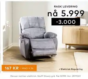 Skeidar Denver recliner elektrisk tilbud