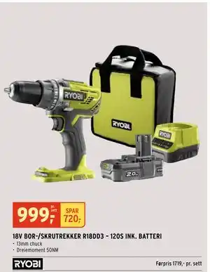 Montér 18V BOR-/SKRUTREKKER R18DD3 – 120S INK. BATTERI tilbud