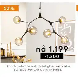 Skeidar Branch taklampe sort, Sotet glass, 6xG9 Max 5W 230V tilbud