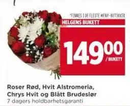 Meny Roser Rød, Hvit Alstromeria, Chrys Hvit og Blått Brudeslør tilbud