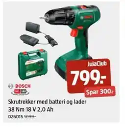 Jula BOSCH Skrutrekker med batteri og lader 38 nm 18 v 2,0 ah tilbud