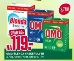 Europris OMO/BLENDA VASKEPULVER 3,7 kg, farget/hvitt. Ord.pris 179,- tilbud